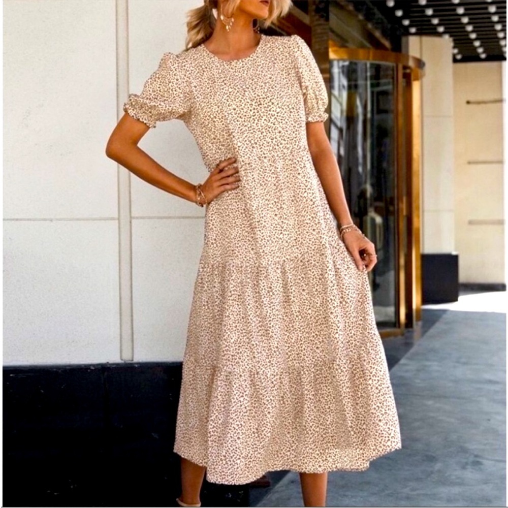 PRETTYGARDEN Cheetah Print Flowy Boho Midi Dress Puff Short Sleeve ,Women’s Sz S
